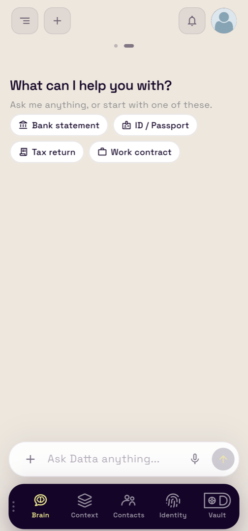 Current Ennoos app screenshot: Brain, Context, Contacts, Identity and Vault